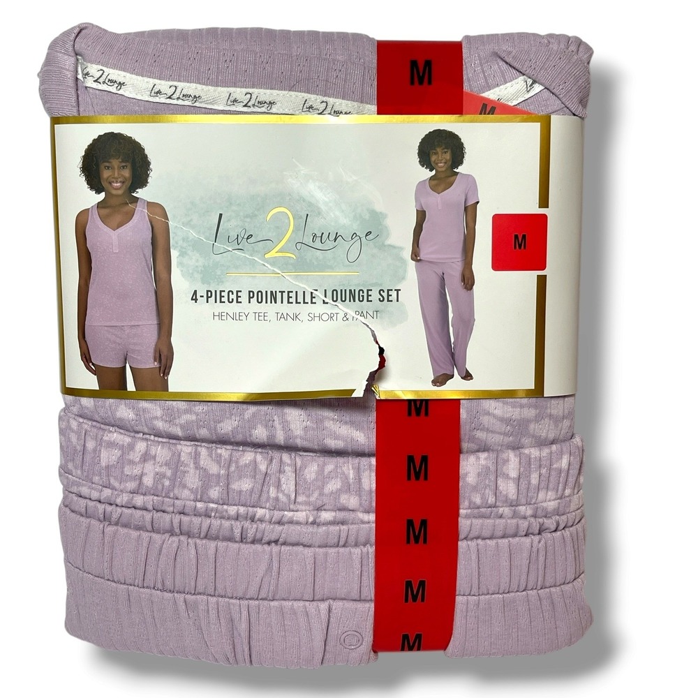 LIVE 2 LOUNGE Womens Purple 4 Piece Pointelle Pants Lounge Set Sz Medium NWT